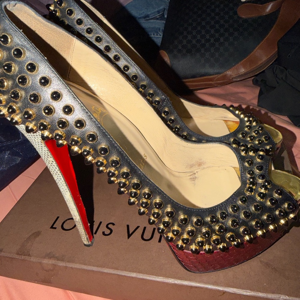 Studded Black and Red Peep-Toe Heels
